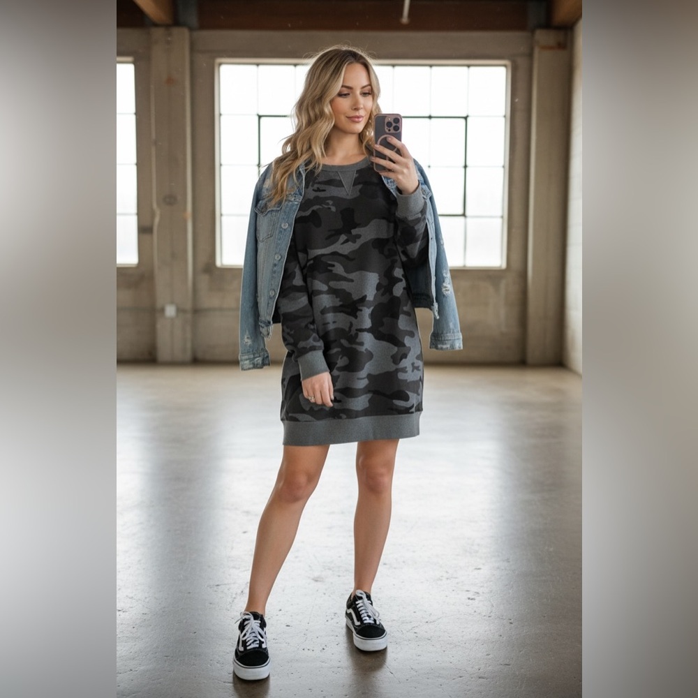 NWT UMGEE Camo Camouflage Sweatshirt Dress Charcoal Grey - Picture 5 of 5